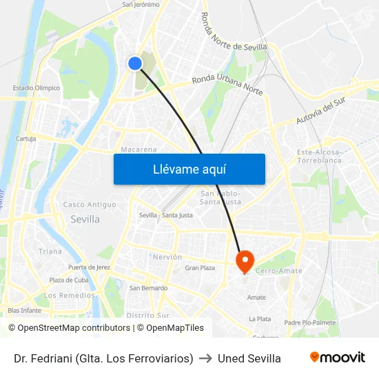 Dr. Fedriani (Glta. Los Ferroviarios) to Uned Sevilla map
