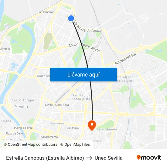 Estrella Canopus (Estrella Albireo) to Uned Sevilla map