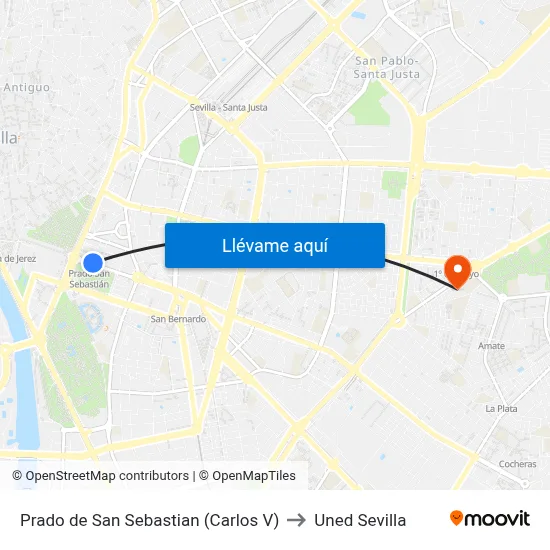 Prado de San Sebastian (Carlos V) to Uned Sevilla map