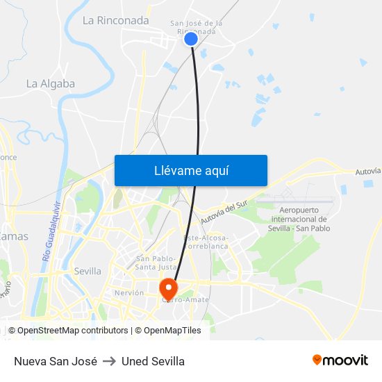 Nueva San José to Uned Sevilla map