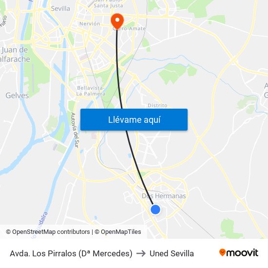 Avda. Los Pirralos (Dª Mercedes) to Uned Sevilla map