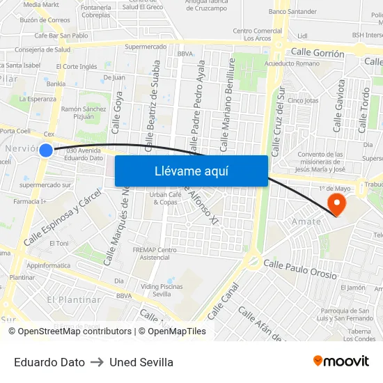 Eduardo Dato to Uned Sevilla map