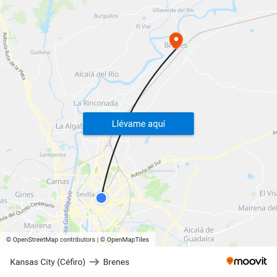 Kansas City (Céfiro) to Brenes map