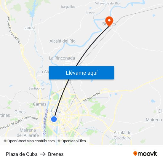 Plaza de Cuba to Brenes map