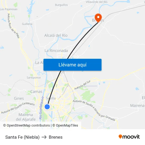 Santa Fe (Niebla) to Brenes map