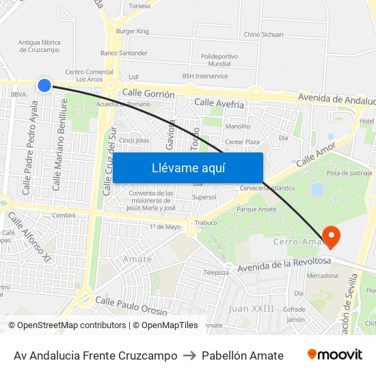 Av Andalucia Frente Cruzcampo to Pabellón Amate map