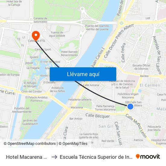 Hotel Macarena Salida to Escuela Técnica Superior de Ingeniería map