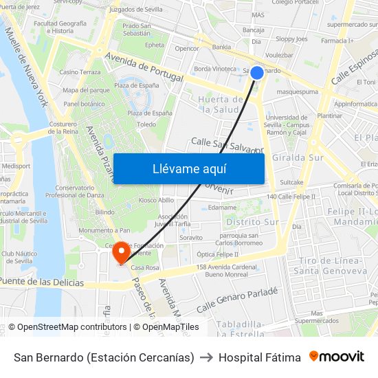 San Bernardo (Estación Cercanías) to Hospital Fátima map
