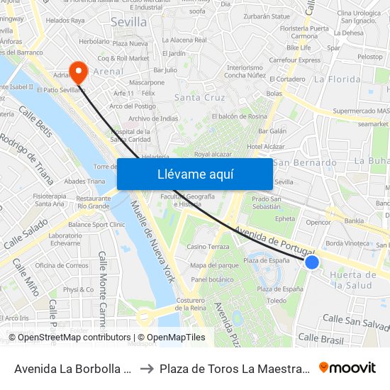 Avenida La Borbolla (Capitanía) to Plaza de Toros La Maestranza de Sevilla map
