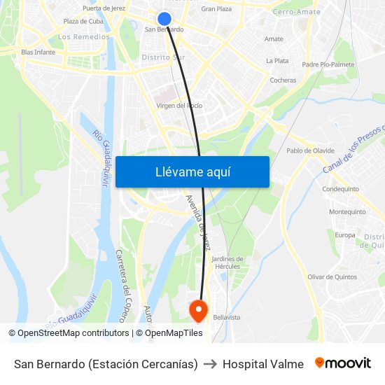 San Bernardo (Estación Cercanías) to Hospital Valme map