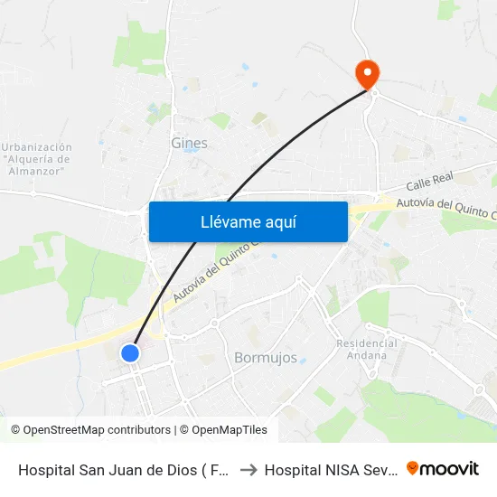Hospital San Juan de Dios ( Frente Urgencias ) to Hospital NISA Sevilla Aljarafe map