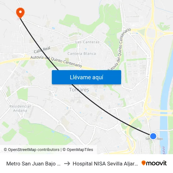 Metro San Juan Bajo (U) to Hospital NISA Sevilla Aljarafe map