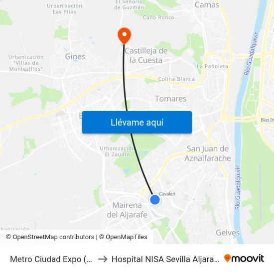 Metro Ciudad Expo (V) to Hospital NISA Sevilla Aljarafe map