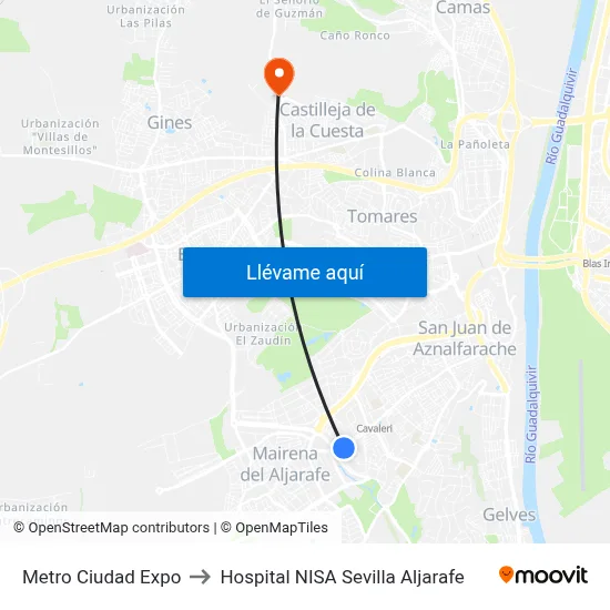 Metro Ciudad Expo to Hospital NISA Sevilla Aljarafe map