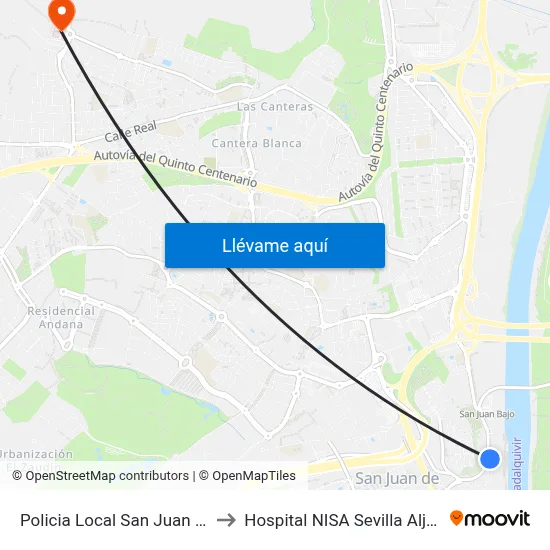 Policia Local San Juan A. (I) to Hospital NISA Sevilla Aljarafe map
