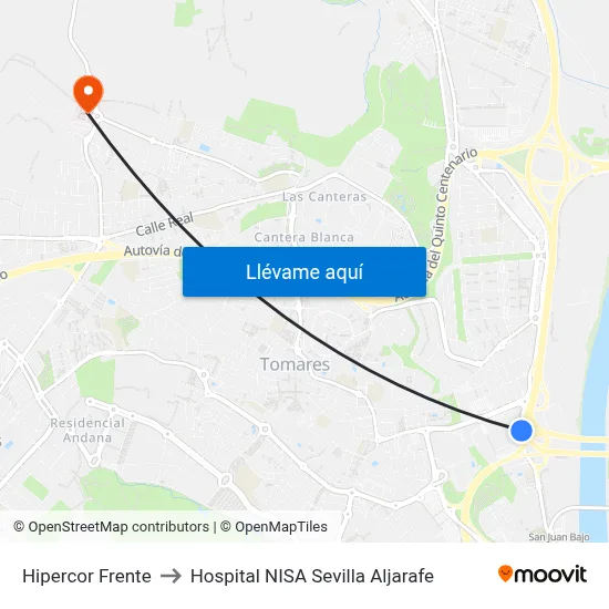 Hipercor Frente to Hospital NISA Sevilla Aljarafe map
