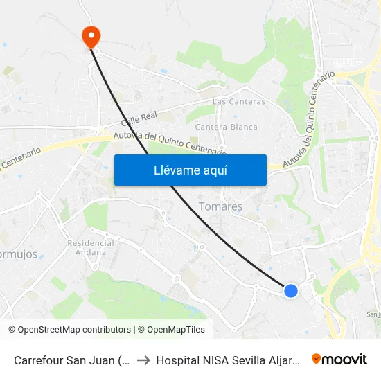 Carrefour San Juan (V) to Hospital NISA Sevilla Aljarafe map