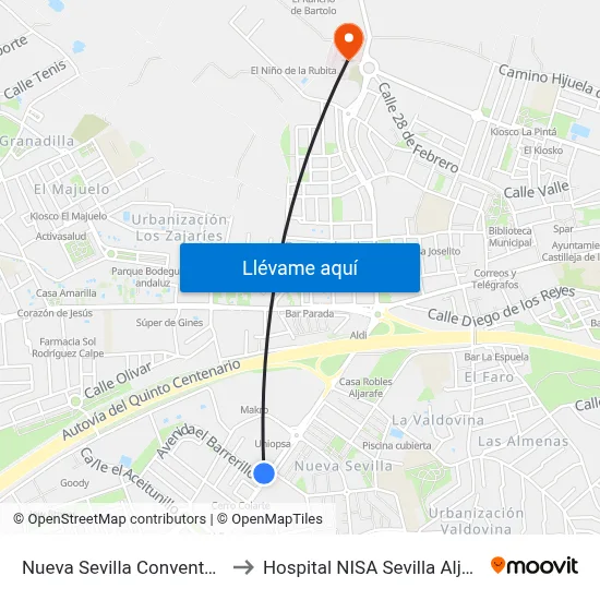 Nueva Sevilla Convento (V) to Hospital NISA Sevilla Aljarafe map