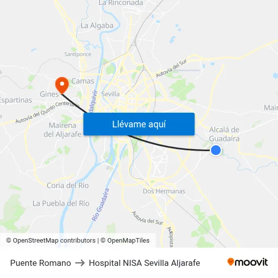Puente Romano to Hospital NISA Sevilla Aljarafe map