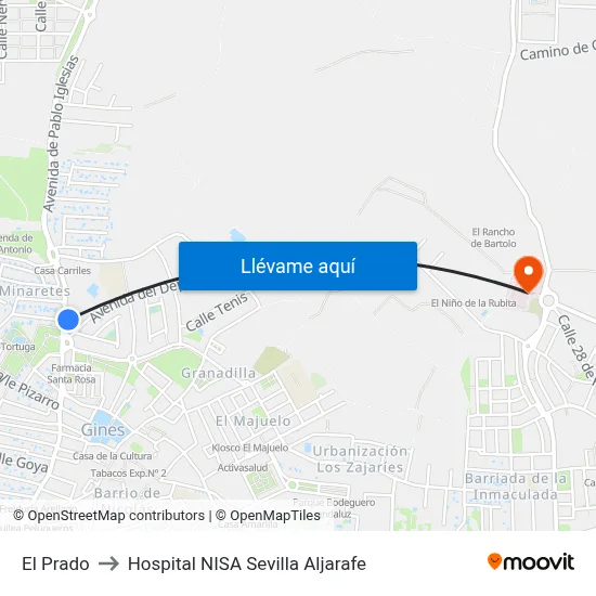 El Prado to Hospital NISA Sevilla Aljarafe map