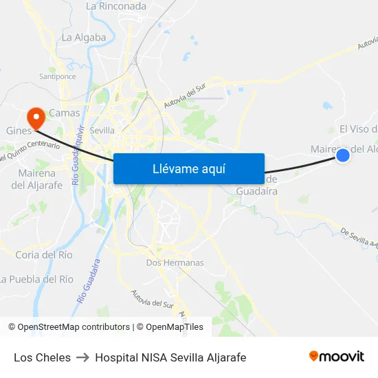Los Cheles to Hospital NISA Sevilla Aljarafe map