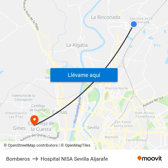 Bomberos to Hospital NISA Sevilla Aljarafe map