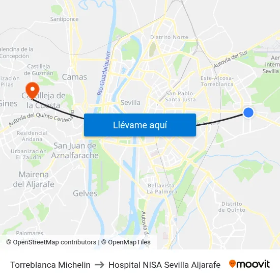 Torreblanca Michelin to Hospital NISA Sevilla Aljarafe map