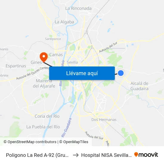 Poligono La Red A-92 (Gruas Lozano) to Hospital NISA Sevilla Aljarafe map