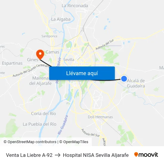 Venta La Liebre A-92 to Hospital NISA Sevilla Aljarafe map