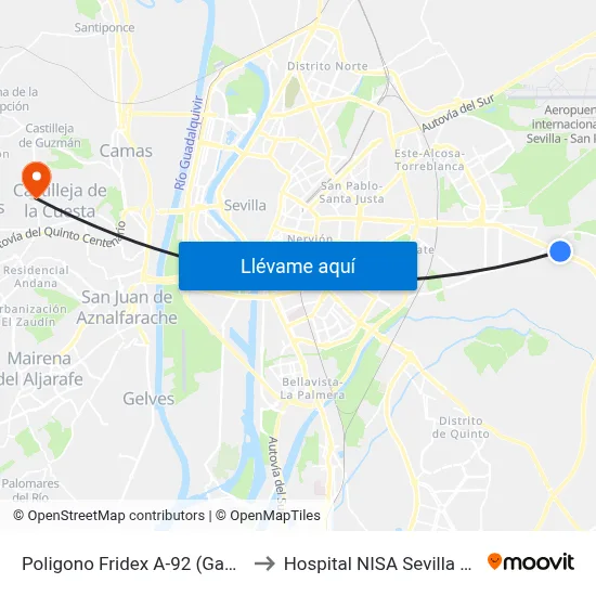 Poligono Fridex A-92 (Gasolinera) to Hospital NISA Sevilla Aljarafe map