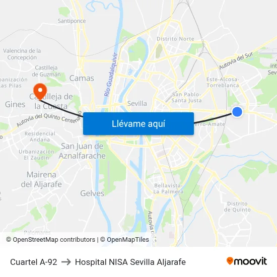 Cuartel A-92 to Hospital NISA Sevilla Aljarafe map