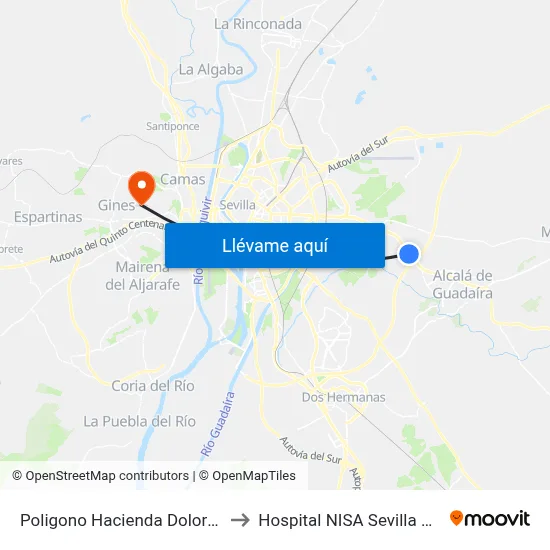 Poligono Hacienda Dolores A-92 to Hospital NISA Sevilla Aljarafe map