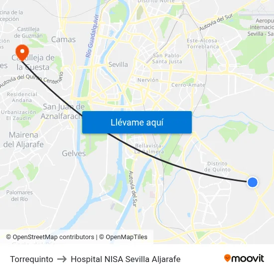 Torrequinto to Hospital NISA Sevilla Aljarafe map