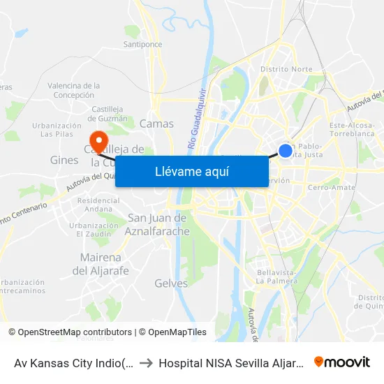 Av Kansas City Indio(V) to Hospital NISA Sevilla Aljarafe map
