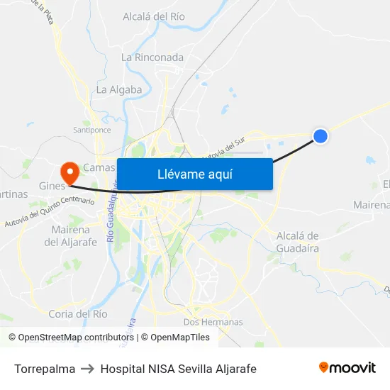 Torrepalma to Hospital NISA Sevilla Aljarafe map