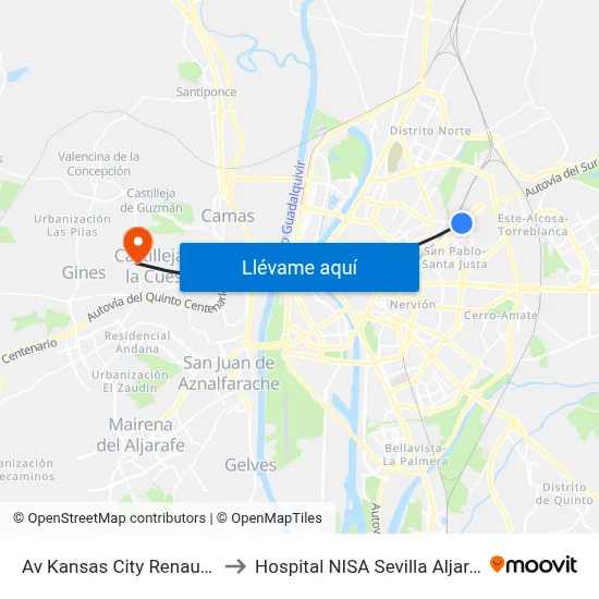 Av Kansas City Renault(I) to Hospital NISA Sevilla Aljarafe map