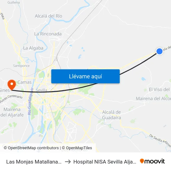 Las Monjas Matallana (V) to Hospital NISA Sevilla Aljarafe map