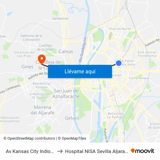 Av Kansas City Indio(I) to Hospital NISA Sevilla Aljarafe map