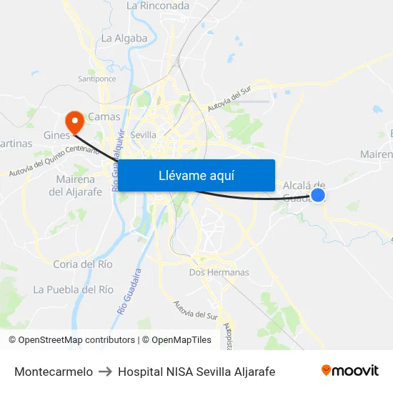 Montecarmelo to Hospital NISA Sevilla Aljarafe map