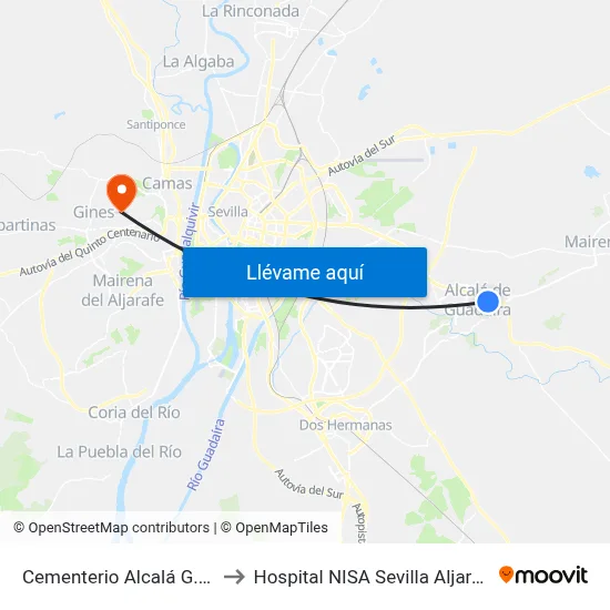 Cementerio Alcalá G. (I) to Hospital NISA Sevilla Aljarafe map