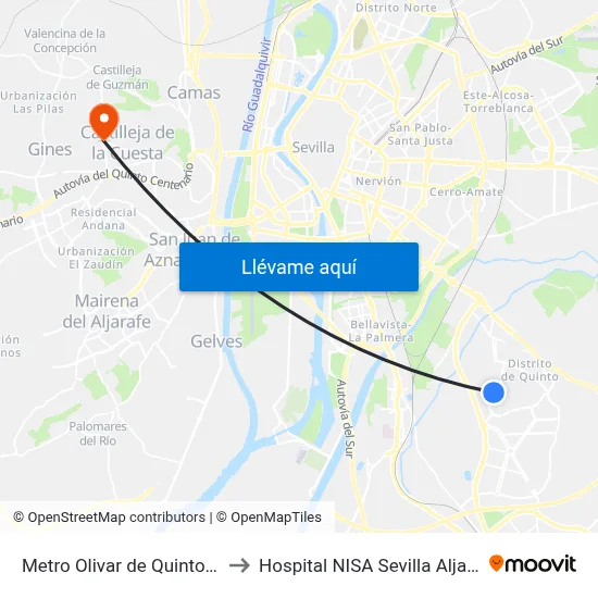 Metro Olivar de Quintos (I) to Hospital NISA Sevilla Aljarafe map