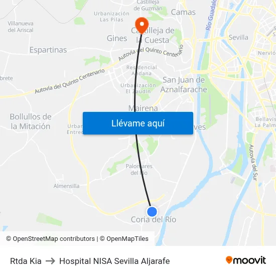 Rtda Kia to Hospital NISA Sevilla Aljarafe map