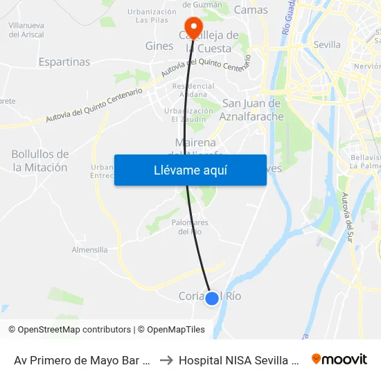 Av Primero de Mayo Bar Arizona to Hospital NISA Sevilla Aljarafe map