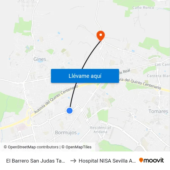 El Barrero San Judas Tadeo (V) to Hospital NISA Sevilla Aljarafe map
