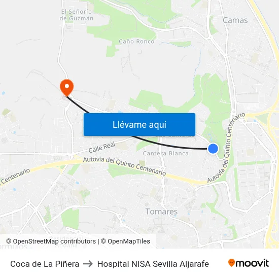 Coca de La Piñera to Hospital NISA Sevilla Aljarafe map