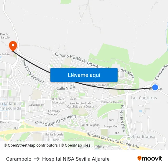 Carambolo to Hospital NISA Sevilla Aljarafe map