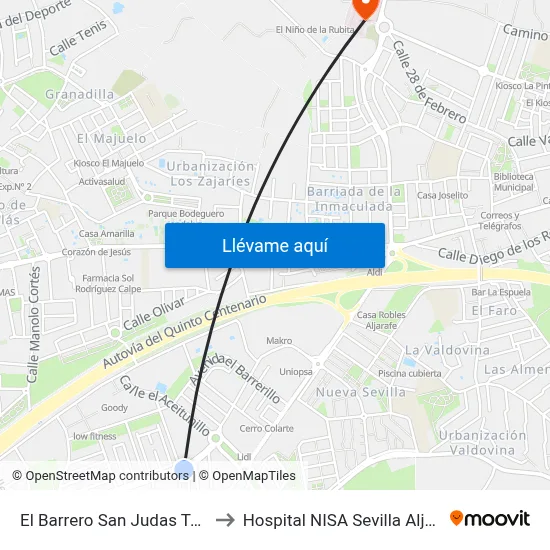 El Barrero San Judas Tadeo to Hospital NISA Sevilla Aljarafe map