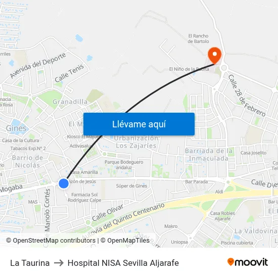 La Taurina to Hospital NISA Sevilla Aljarafe map
