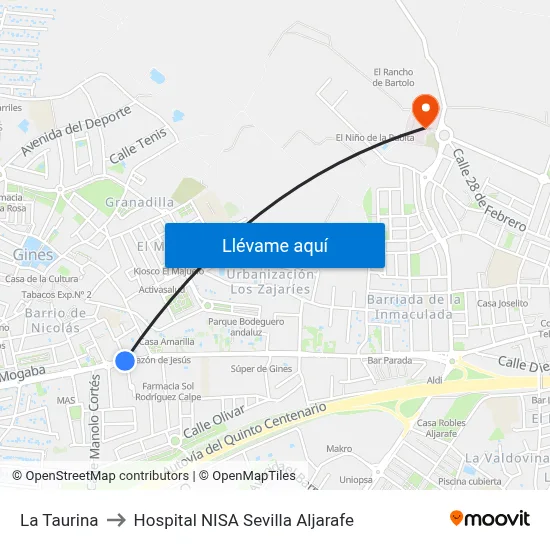 La Taurina to Hospital NISA Sevilla Aljarafe map