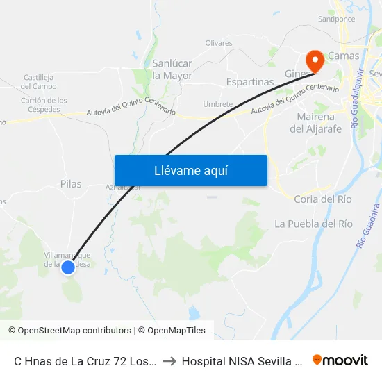 C Hnas de La Cruz 72 Los Pitufos to Hospital NISA Sevilla Aljarafe map